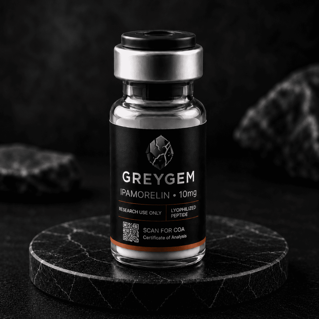 Ipamorelin 10mg lyophilized peptide research vial — GREYGEM Canada