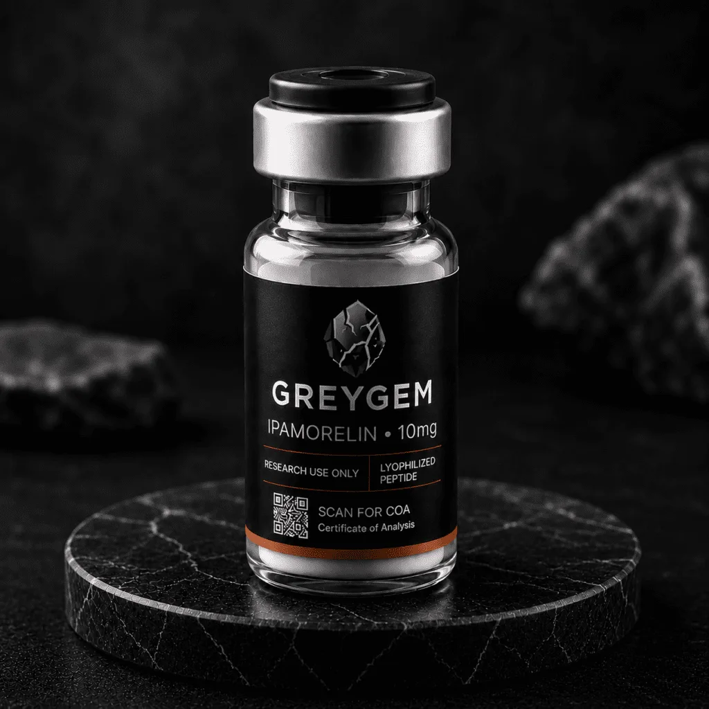 Ipamorelin 10mg lyophilized peptide research vial — GREYGEM Canada